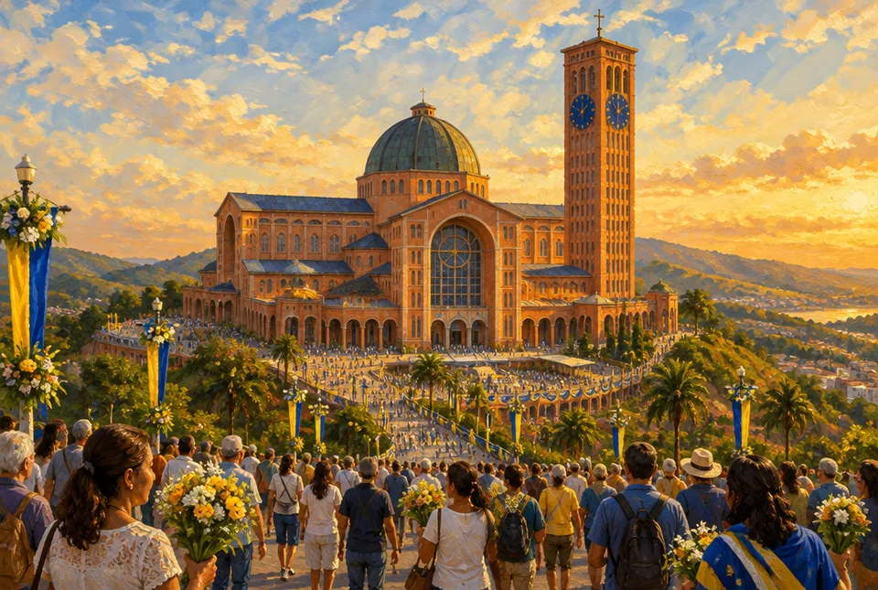 Grande basílica de tijolos com torre e cúpula numa colina, multidão de peregrinos com flores