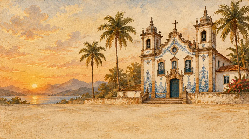 Igreja colonial brasileira ao pôr do sol