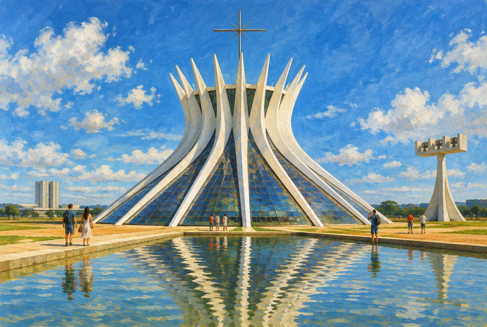 Catedral modernista de colunas brancas curvas em forma de coroa, com espelho d’água