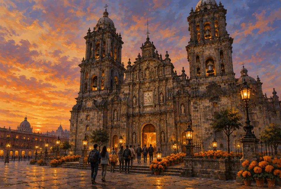 Gran catedral barroca de piedra con dos torres en una plaza de Ciudad de México al atardecer, flores de cempasúchil