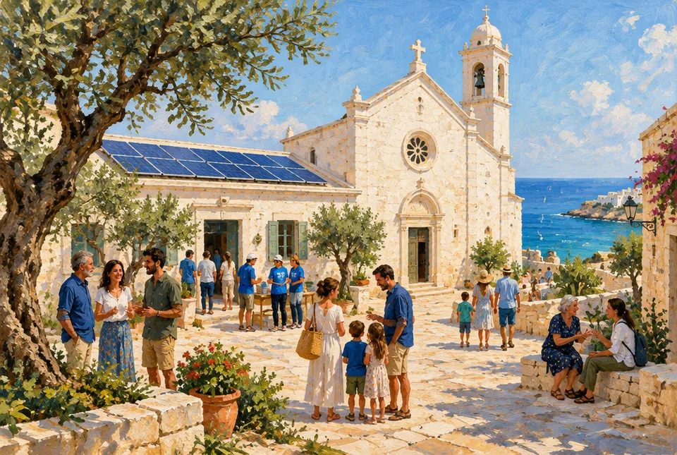 Chiesa bianca in un paese pugliese sul mare con pannelli solari sul tetto della sala parrocchiale