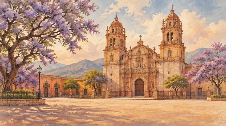 Catedral colonial mexicana en una plaza con jacarandas
