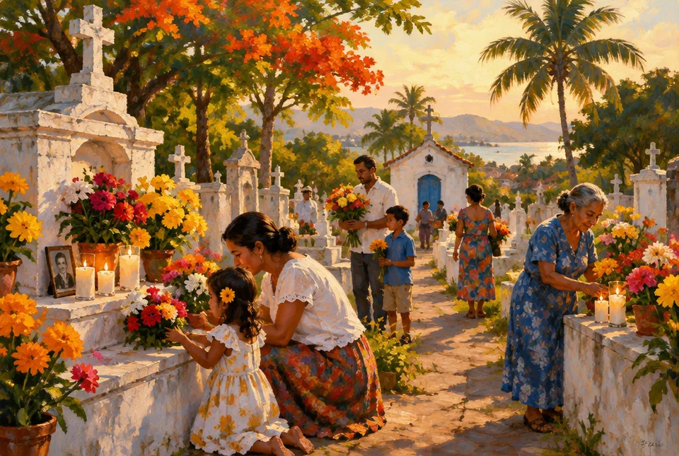 Famílias levando flores e velas a túmulos brancos num cemitério brasileiro