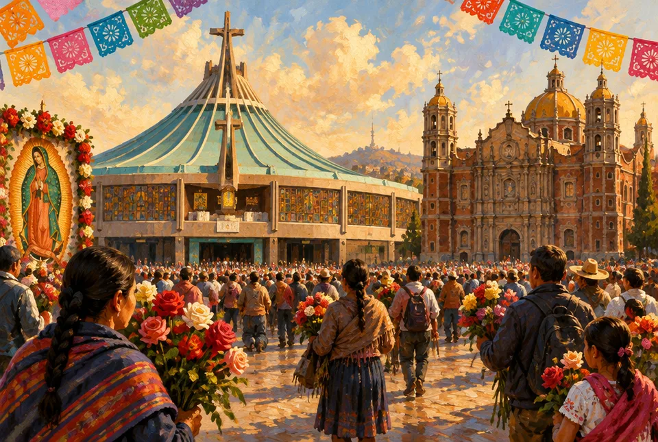 Gran basílica moderna de techo circular junto a una basílica barroca, peregrinos con rosas