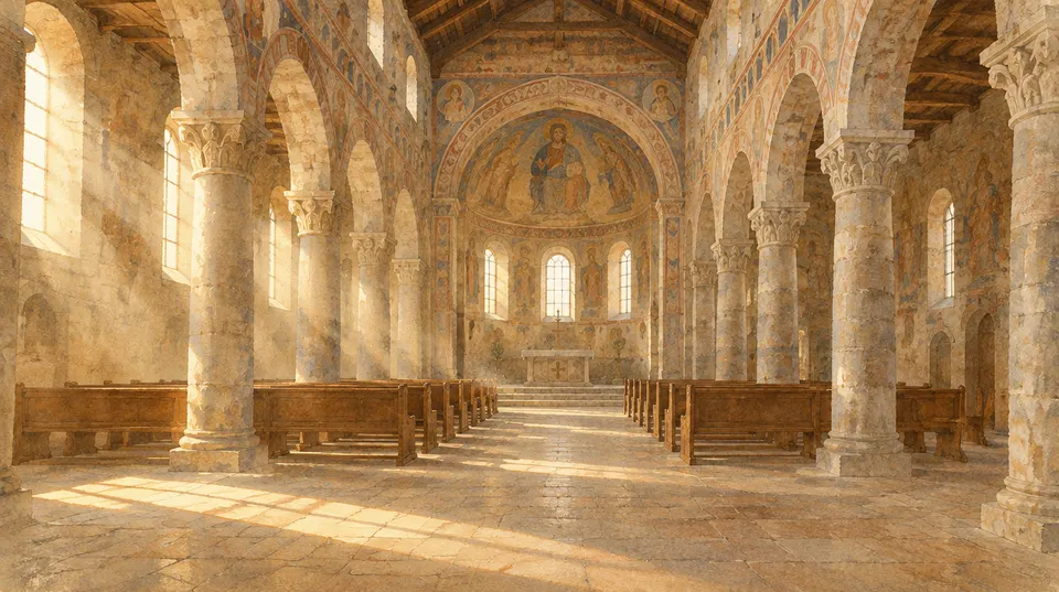 Navata di una chiesa romanica illuminata dalla luce del mattino