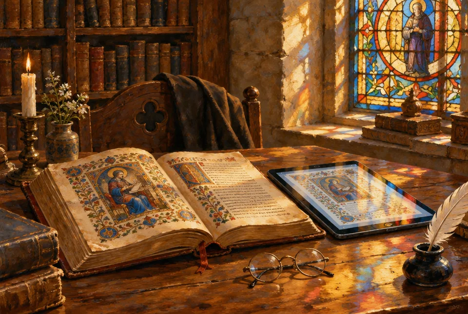 Scrivania di una biblioteca monastica con un manoscritto miniato accanto a un tablet illuminato