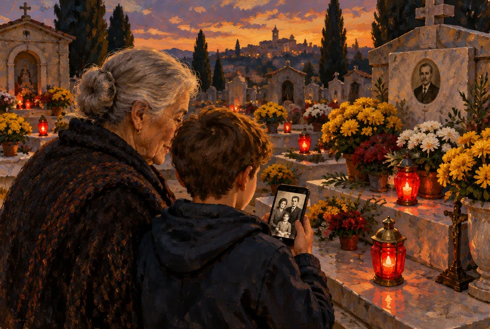 Anziana e nipote davanti a una tomba al tramonto, il ragazzo mostra una vecchia foto sul telefono