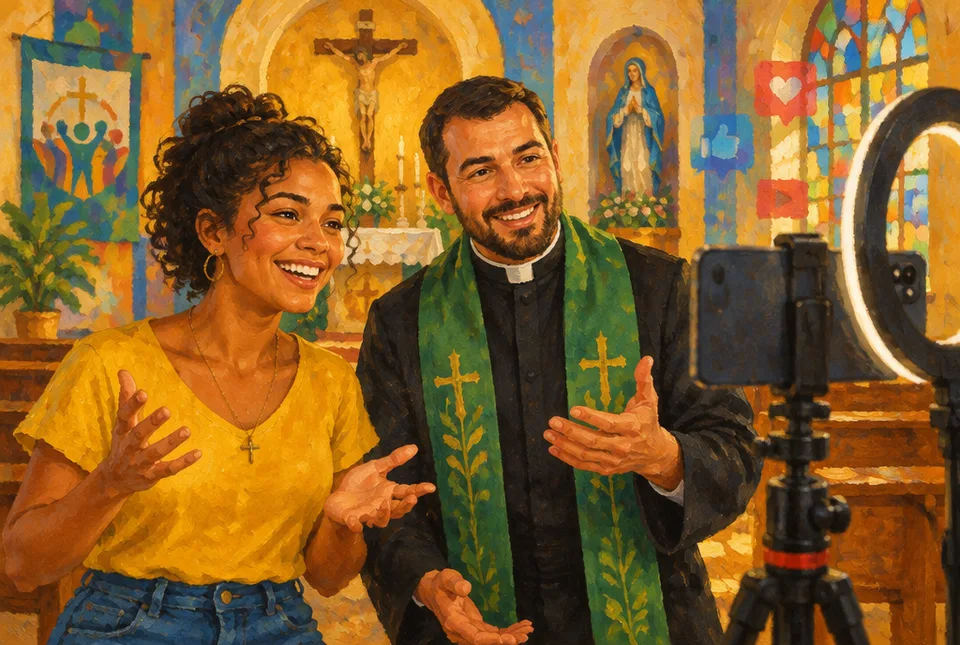 Jovem e padre gravando um vídeo com o celular dentro de uma igreja colorida