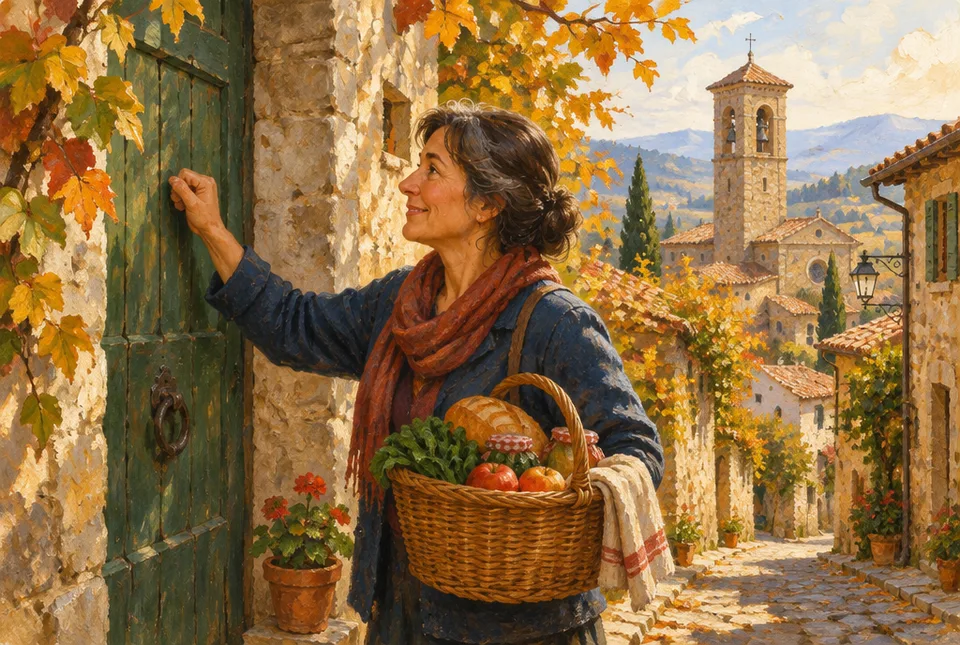 Volontaria che bussa alla porta di una casa di paese con un cesto, campanile sullo sfondo