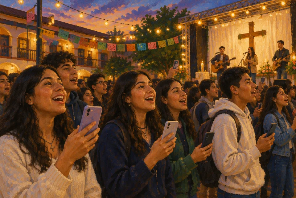 Jóvenes mexicanos con celulares cantando en un patio escolar durante un festival católico