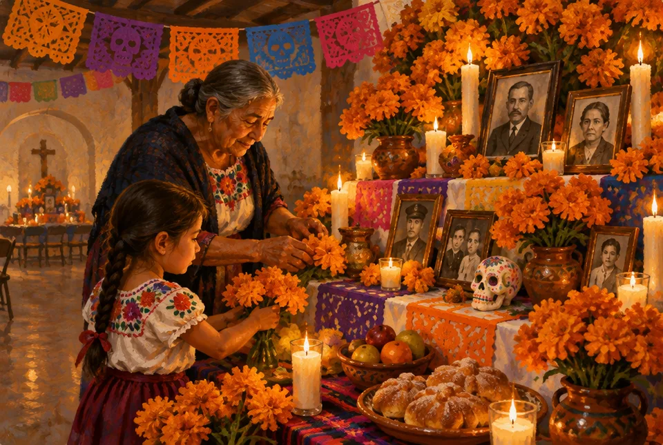 Abuela y niña preparando una ofrenda de Día de Muertos con cempasúchil, velas y fotos en un salón parroquial