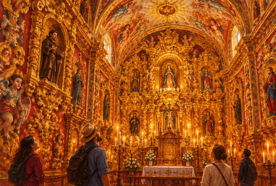 Interior de una iglesia barroca mexicana con bóvedas cubiertas de yesería dorada y una capilla iluminada con velas