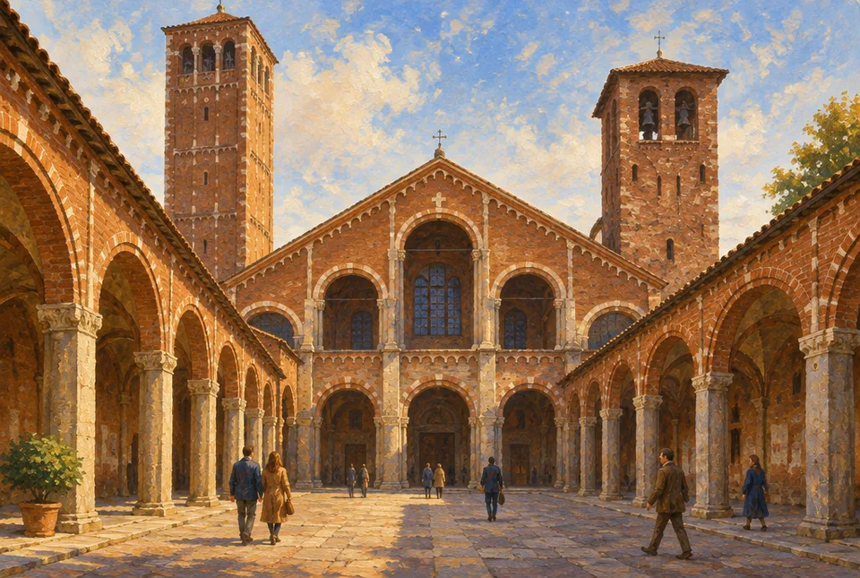 Basilica romanica in mattoni con quadriportico e due campanili, luce del mattino