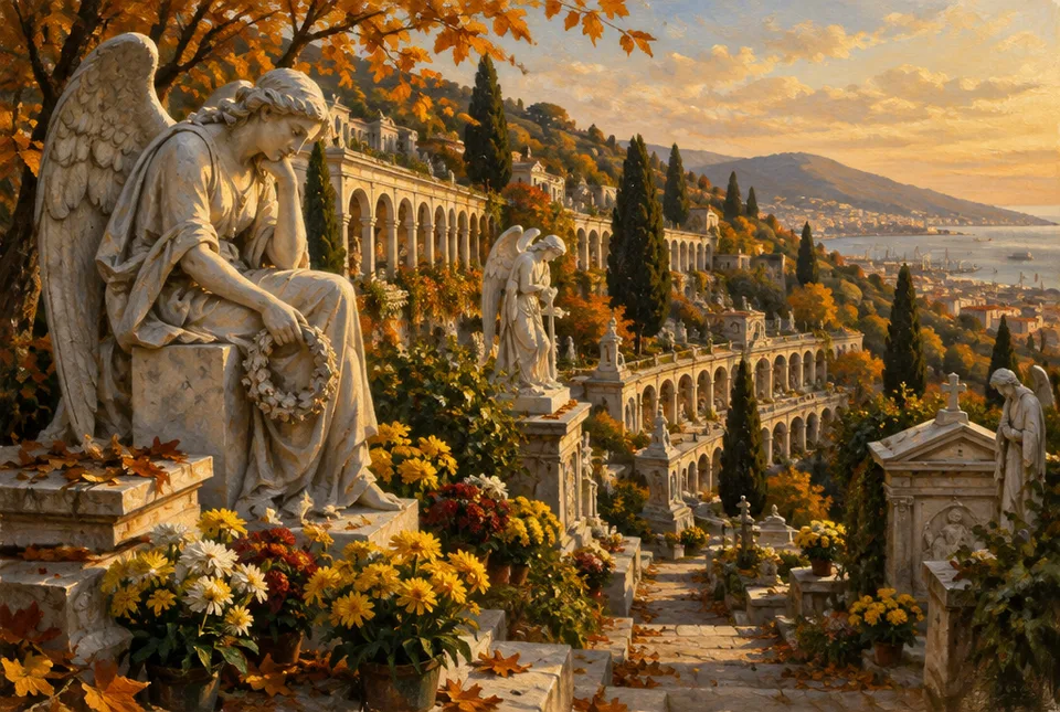 Cimitero monumentale sulla collina di Genova con porticati e statue di angeli in marmo, crisantemi autunnali