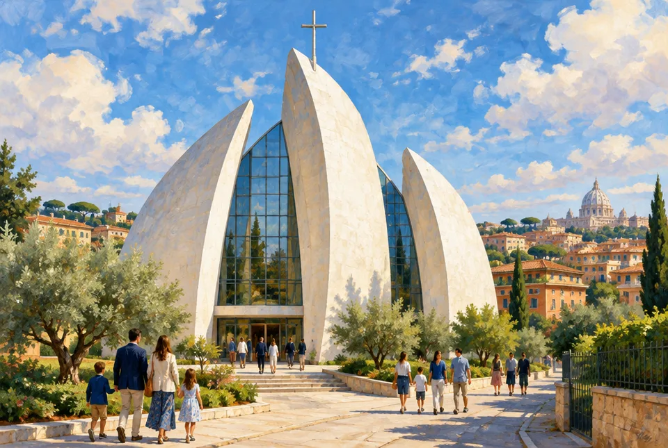 Chiesa contemporanea bianca con tre grandi vele curve di cemento in un quartiere residenziale di Roma