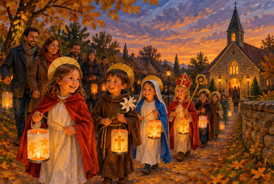 Bambini vestiti da santi con aureole di carta dorata e lanterne in processione verso una chiesa illuminata