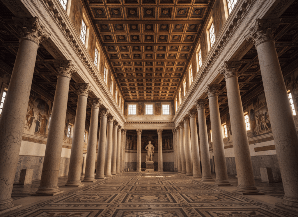 Ancient Roman basilica interior on Capitoline hill, tall stone columns, coffered ceiling, warm golden light, no people, photographic style