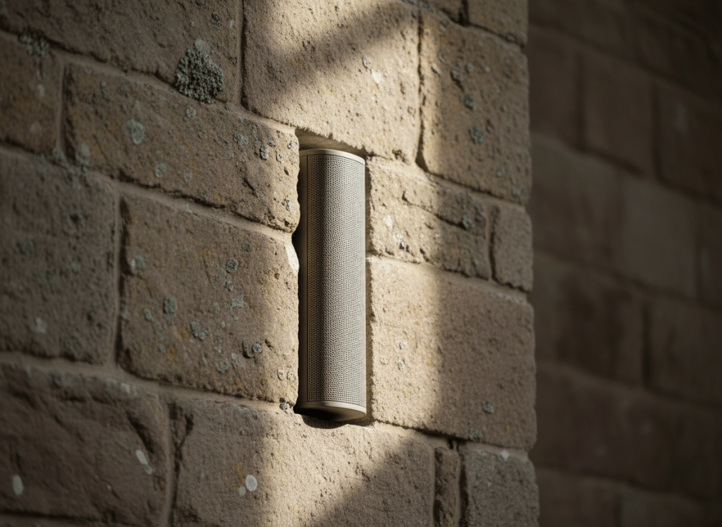 Close-up architectural detail of a slim discreet column speaker blending into a stone church wall, elegant integration, soft light, photographic style