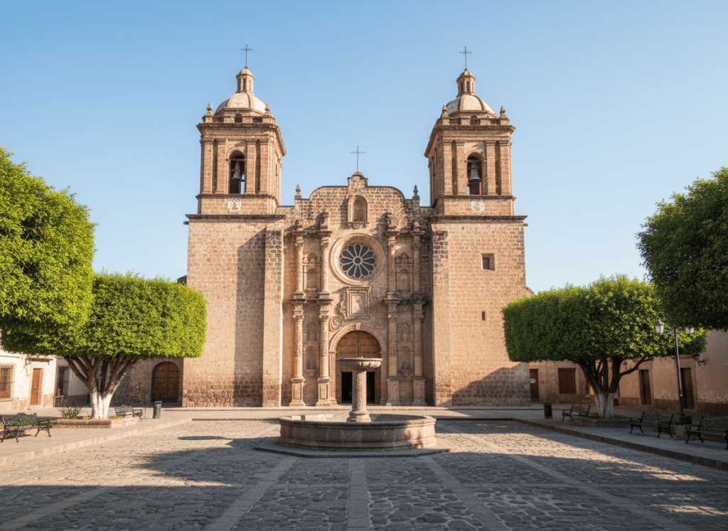Colonial Mexican cathedral facade, simple baroque stone architecture with two bell towers, bright sunny plaza, photographic style, no people