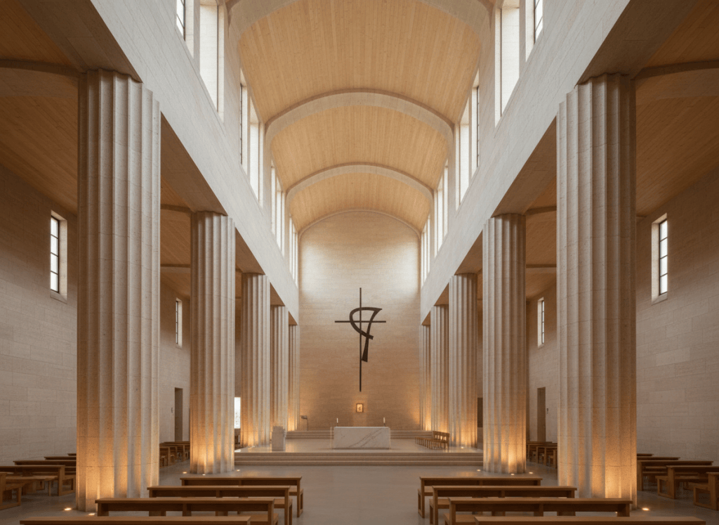 Contemporary Roman parish church interior, tall stone colonnade separating side aisles, warm minimalist design, soft light, no people, photographic style