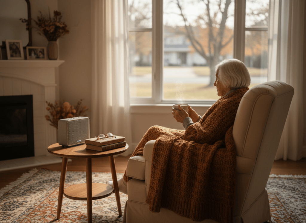 Elderly person sitting comfortably at home near a window, warm cozy living room, soft afternoon light, small speaker device on a side table, sense of connection and peace, photographic style, no visible faces close up, gentle and warm mood