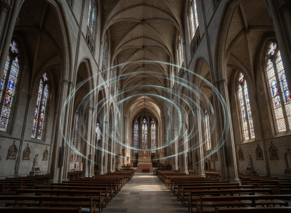 Empty grand church nave seen from the back, tall vaulted ceiling, sound wave ripples subtly visible in the air, dramatic light, conceptual but realistic, photographic style