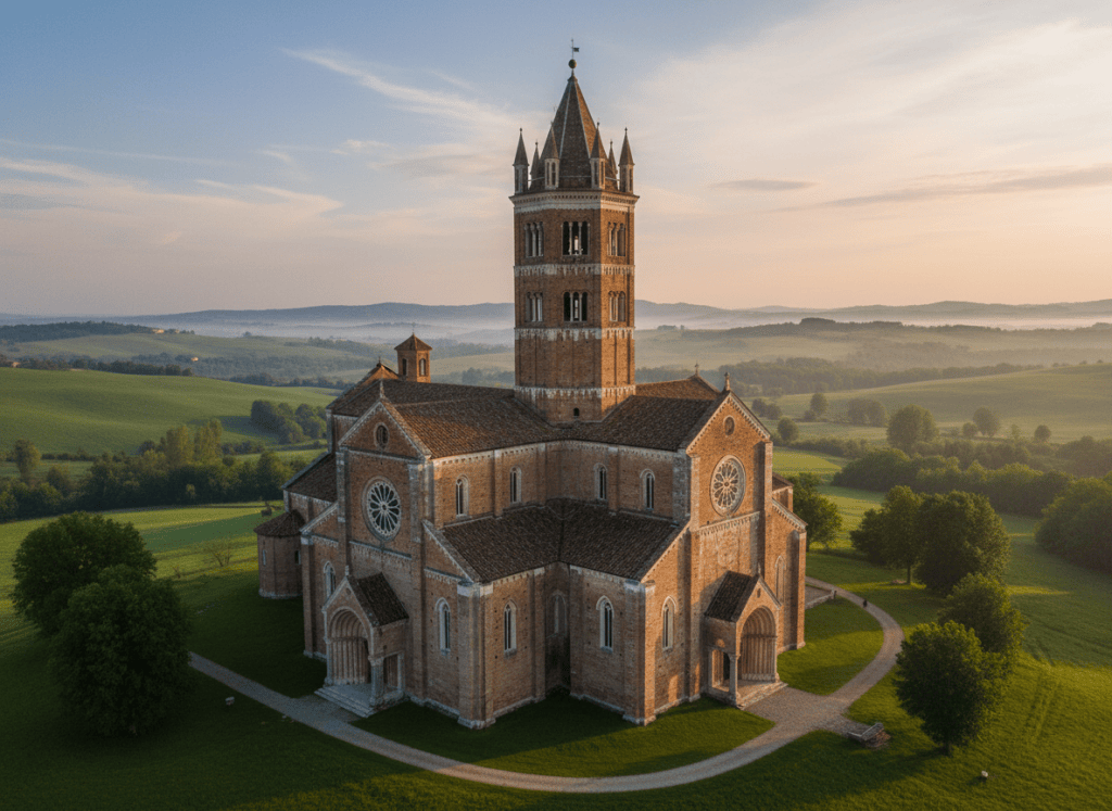 Gothic brick abbey with tall octagonal bell tower rising above green countryside, medieval Italian architecture, soft morning light, photographic style, no people