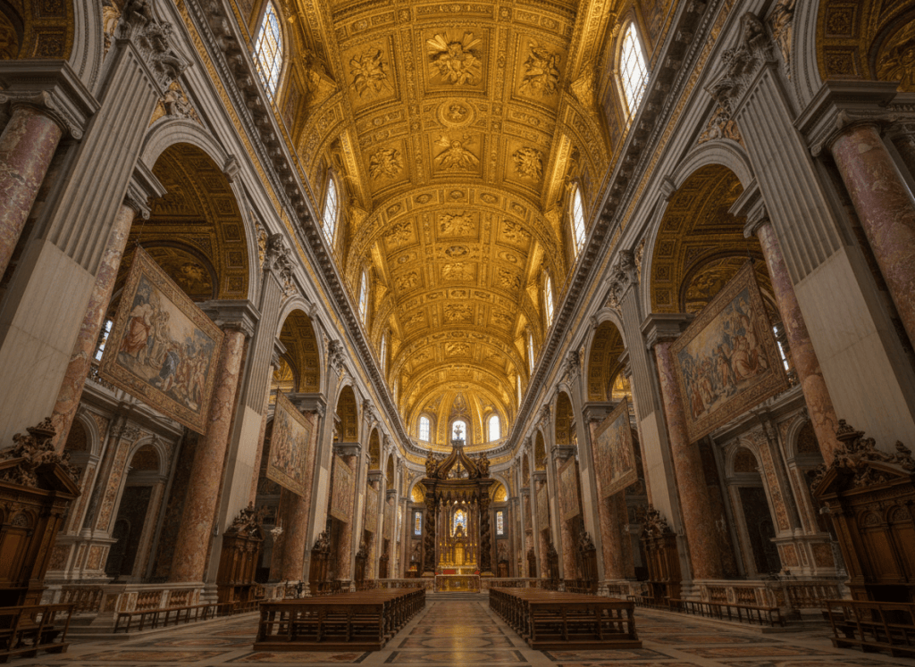 Grand papal archbasilica interior, monumental nave with gilded ceiling, soft light, sense of solemn majesty, no people, photographic style