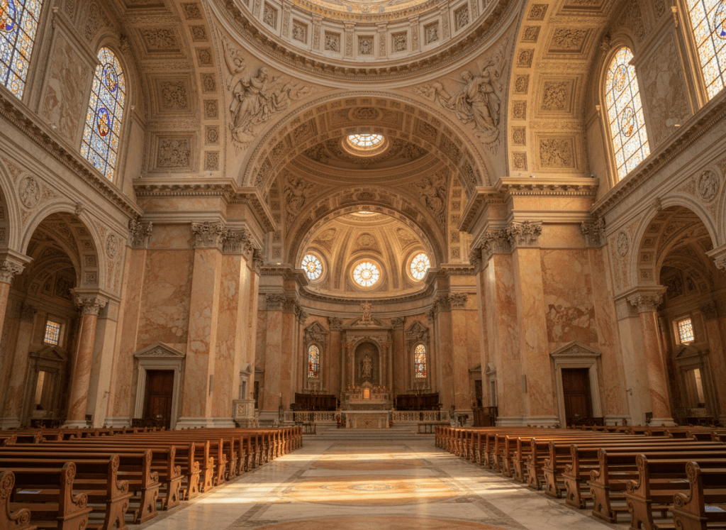 Grand pilgrimage sanctuary interior, warm marble surfaces, rows of pews, soft light through large windows, sense of vastness, no people, photographic style