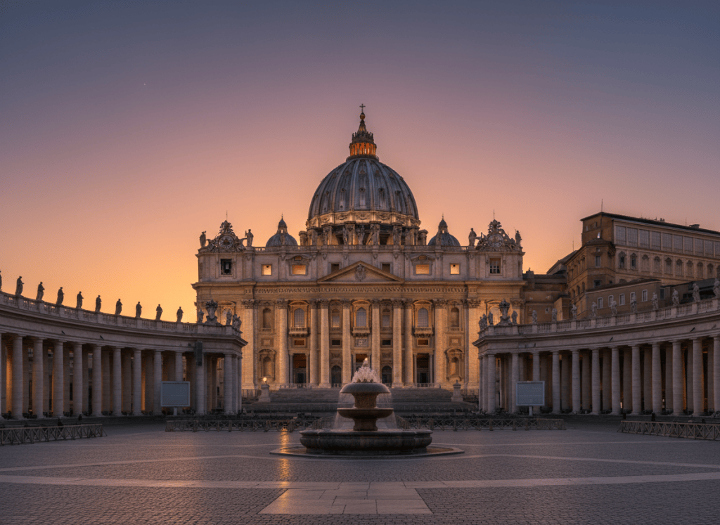 Grand Renaissance basilica dome and colonnade at dusk, monumental scale, warm golden light, photographic style, no people, no recognizable text or logos