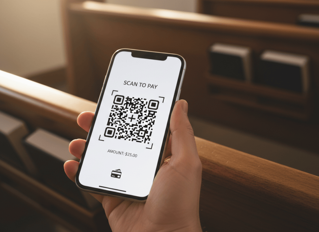 Hand holding a smartphone showing a simple QR code payment screen, soft warm light, church pew blurred in the background, minimal and modern, photographic style