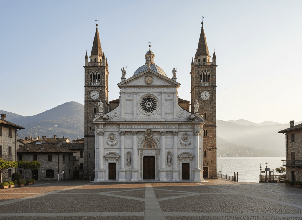 Italian cathedral facade blending gothic and baroque styles with large dome behind, lakeside town square, soft daylight, photographic style, no people