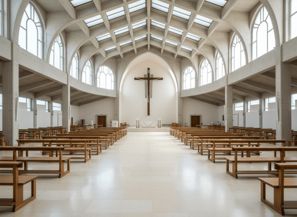 Large modern cross-shaped church interior in southern Italy, high ceiling, symmetrical nave and transepts, bright light, no people, photographic style