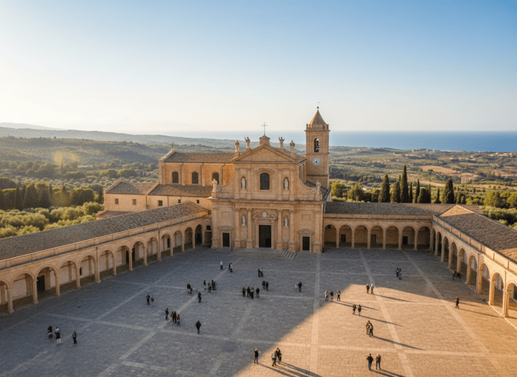 Large pilgrimage sanctuary complex in southern Italy, warm stone plaza with pilgrims implied in soft focus distance, Mediterranean light, photographic style