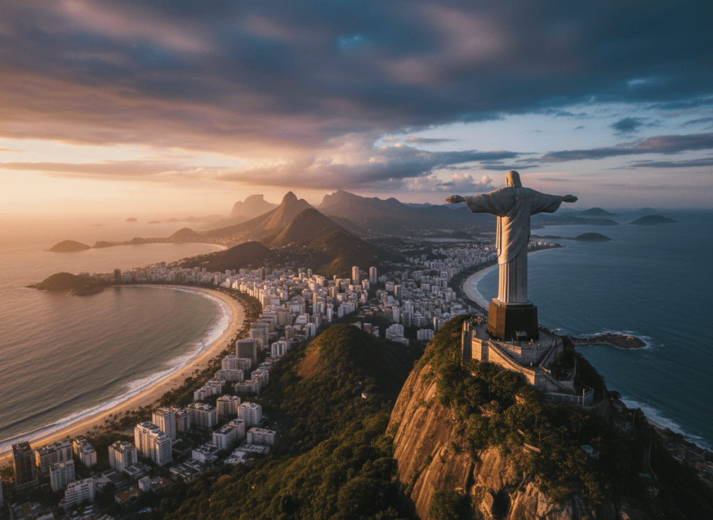 Large stone Christ statue on a mountaintop overlooking a tropical coastal city at golden hour, dramatic clouds, photographic style, distant view, no readable text