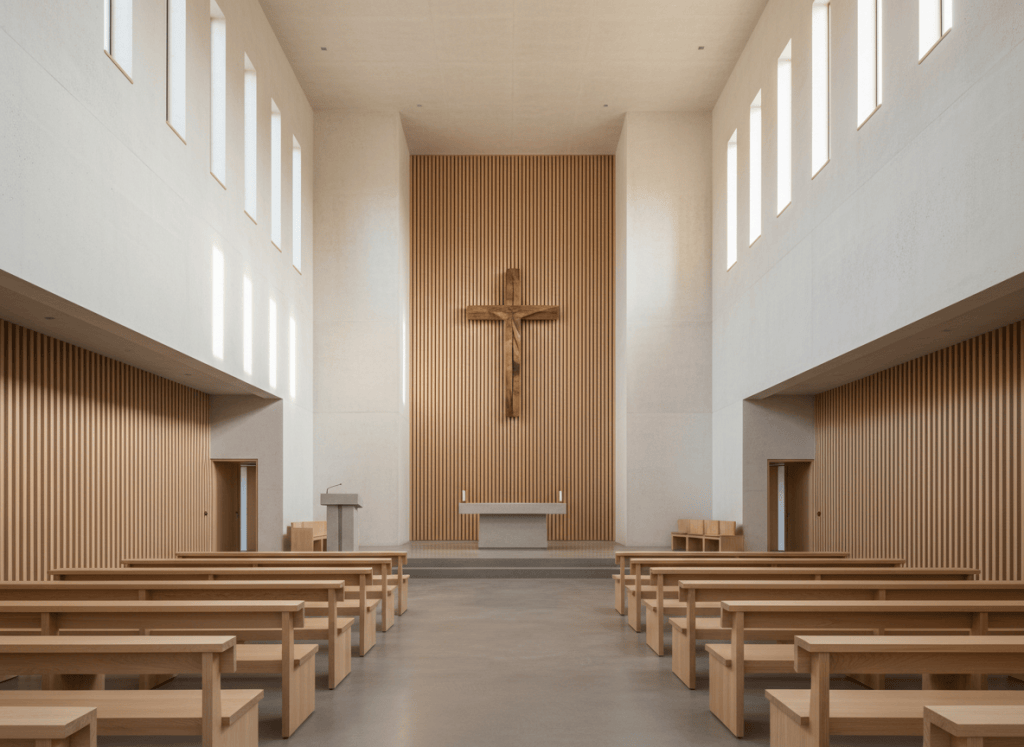 Minimalist modern church interior recently rebuilt, clean lines, warm wood accents, soft natural light through narrow windows, no people, photographic style
