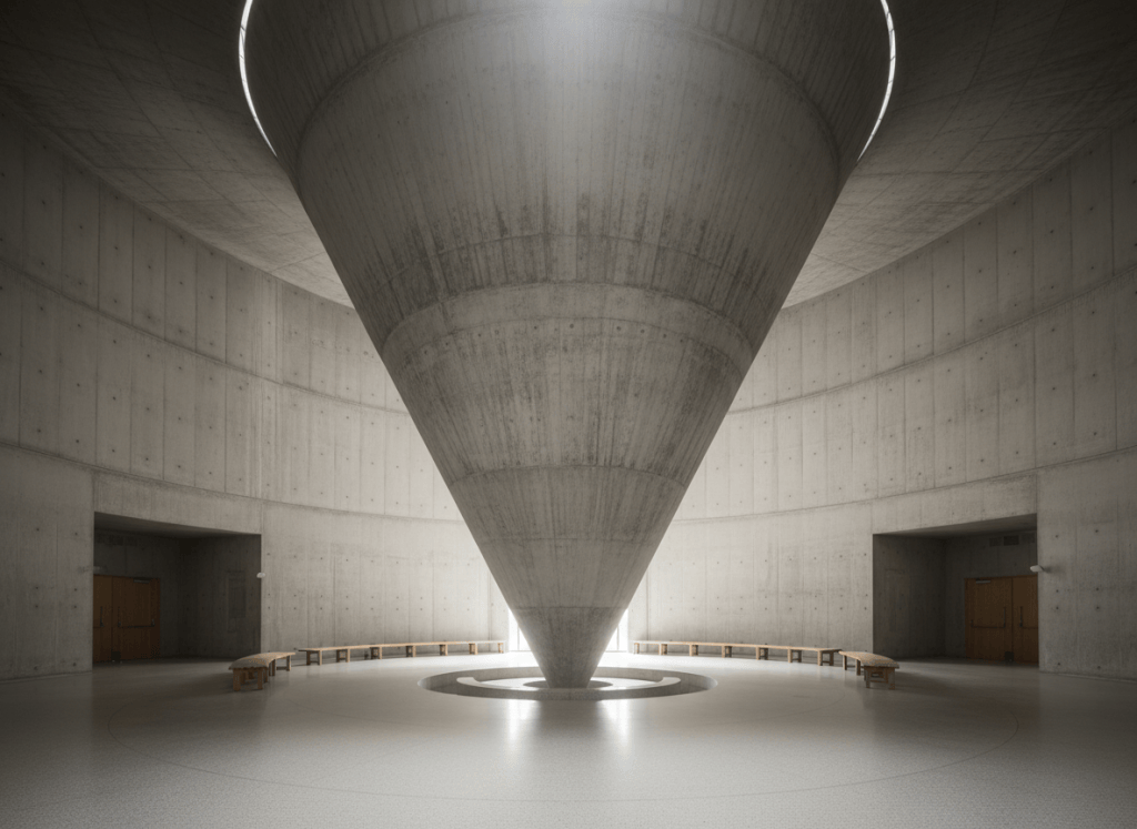 Modern sanctuary interior with dramatic inverted cone concrete architecture, soft light from above, minimalist and monumental, no people, photographic style