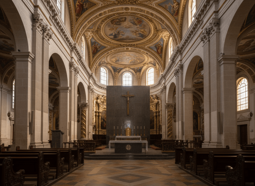 Neoclassical Mexican cathedral interior transitioning to baroque, austere stone altar, warm light through windows, photographic style, no people