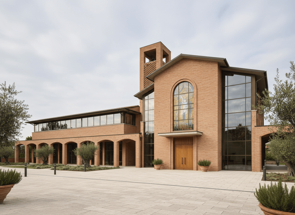 New parish complex exterior with chapel and multipurpose hall, contemporary Italian architecture, warm brick and glass, soft daylight, no people, photographic style