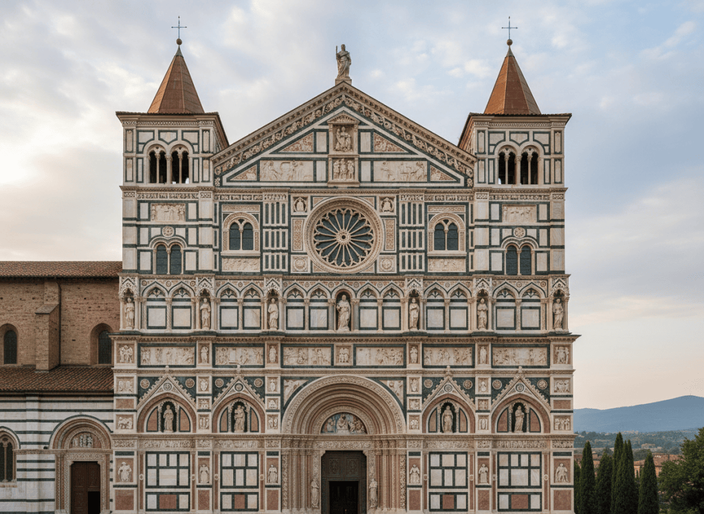 Renaissance Carthusian monastery facade with ornate polychrome marble carving, Lombard architecture, soft light, photographic style, no people
