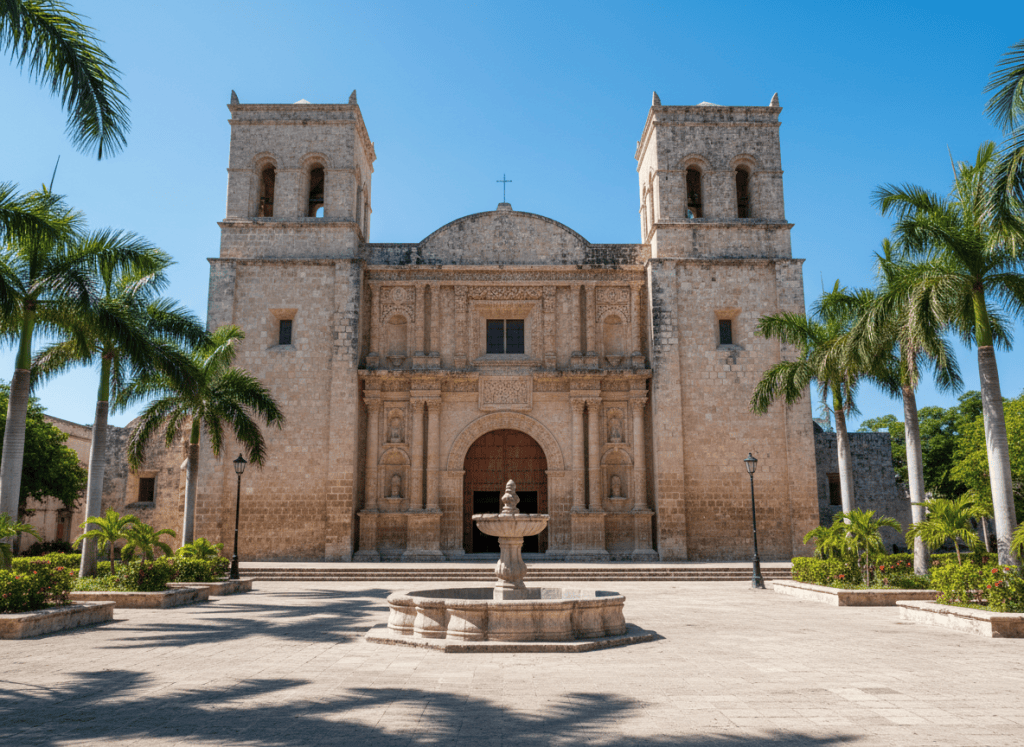 Renaissance-Moorish cathedral facade in Yucatan, austere stone towers, tropical bright light, colonial plaza, photographic style, no people