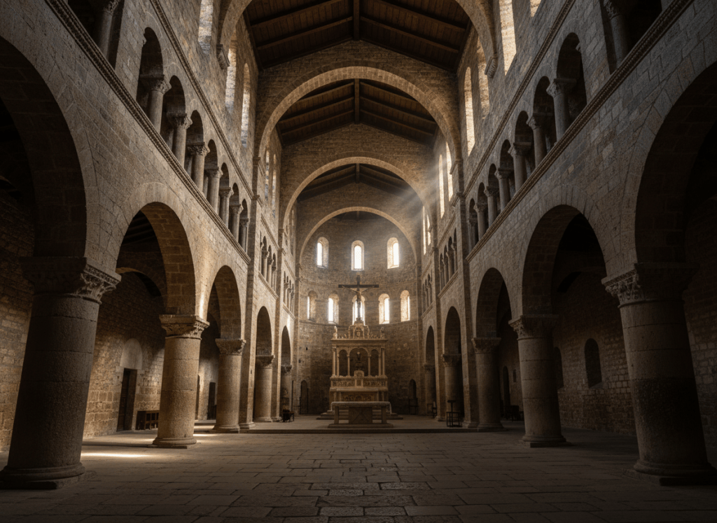 Romanesque basilica interior with two-level liturgical hall, warm stone walls, dramatic natural light, sense of monumental history, no people, photographic style