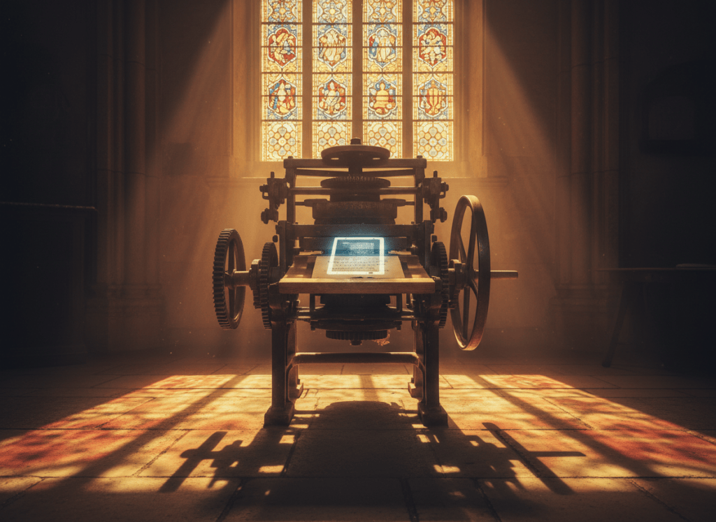 Symbolic image blending an old printing press with soft modern light streaming through a church window, warm tones, sense of continuity between eras, photographic style
