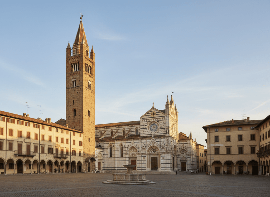 Tall medieval brick bell tower next to a Romanesque-Gothic cathedral, central Italian piazza, warm afternoon light, photographic style, no people
