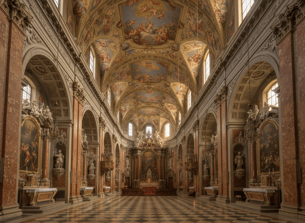 Warm interior of an Italian Baroque basilica, nave with soft golden light streaming through tall windows, ornate ceiling frescoes, no people, photographic style, inviting and serene
